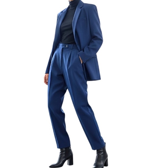 Vintage 80s 90s minimalist blue pleated straight leg old money trousers 8 - Picture 3 of 13